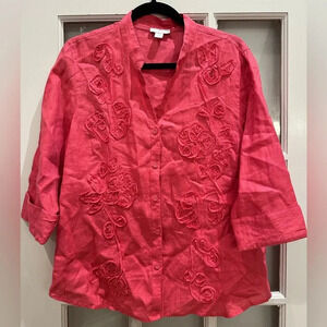 Charter Club Embosed 100% Linen Pink Blouse Size 14P Petite Floral Embroidered